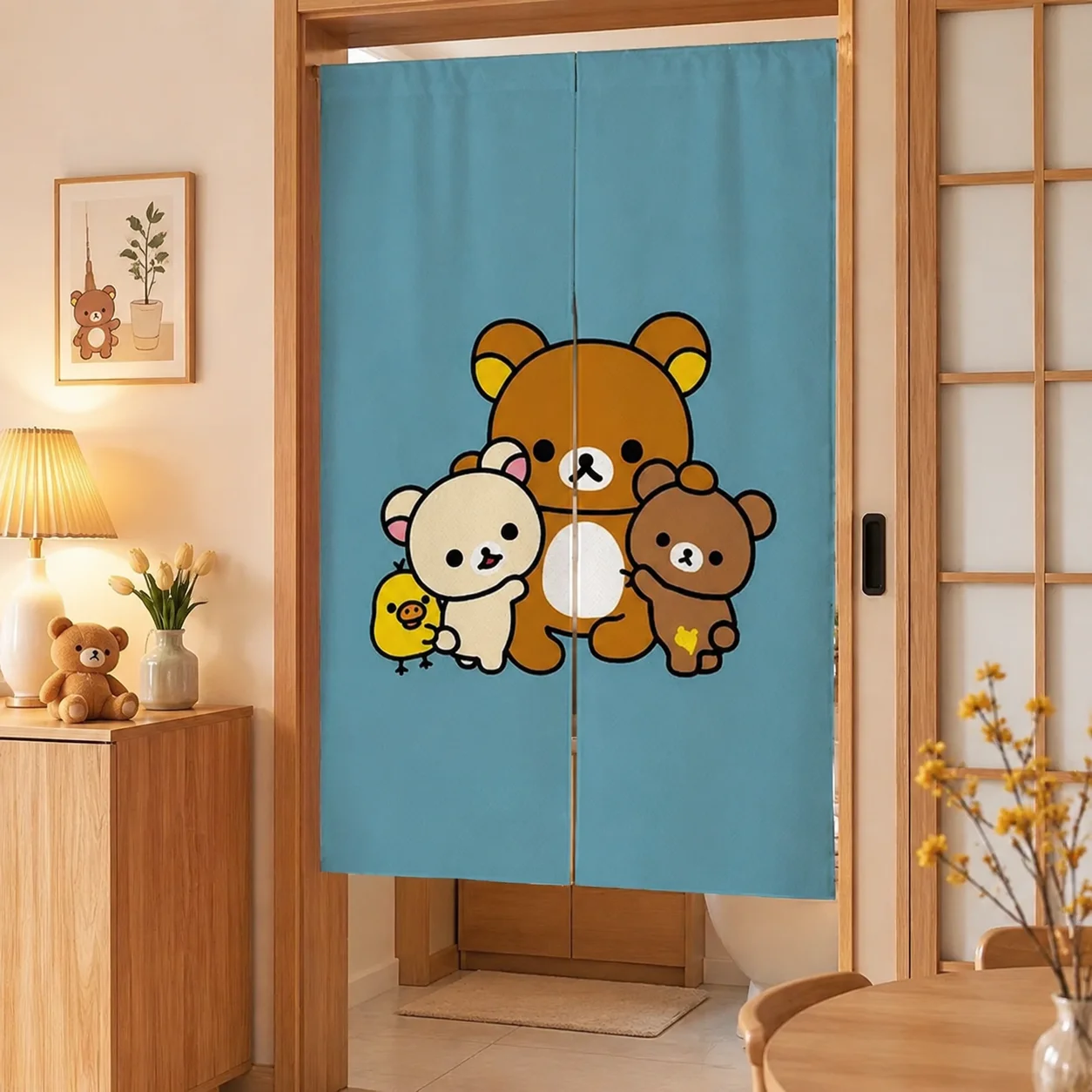Rilakkuma Cartoon Door Curtain Cute Japanese Style Room Divider Semi Curtain for Bedroom Kids Room Waterproof Bathroom