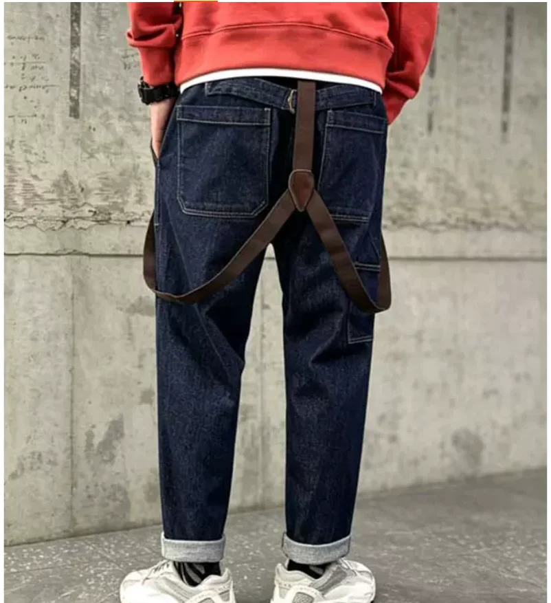 Autumn style American retro shoulder strap loose wide leg casual denim pants