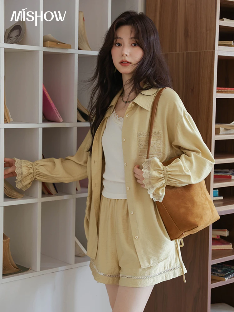 

MISHOW Yellow Linen Three Piece Solid Splicing Lace Shirt Camisole Elastic Waist Shorts Vintage Hollowed Out Lace Set MXE42T0718