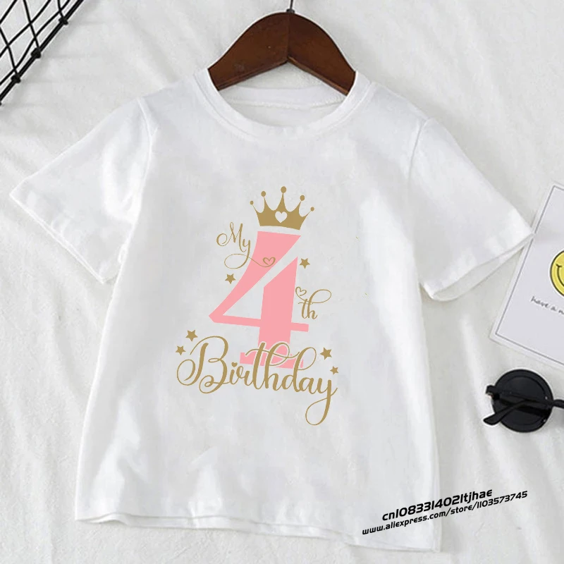 Kids T Shirt Birthday Numbers 1-10 Crown Shirt Summer Girls Birthday Tops White Short Sleeve Wild Tees Children Party Clothes