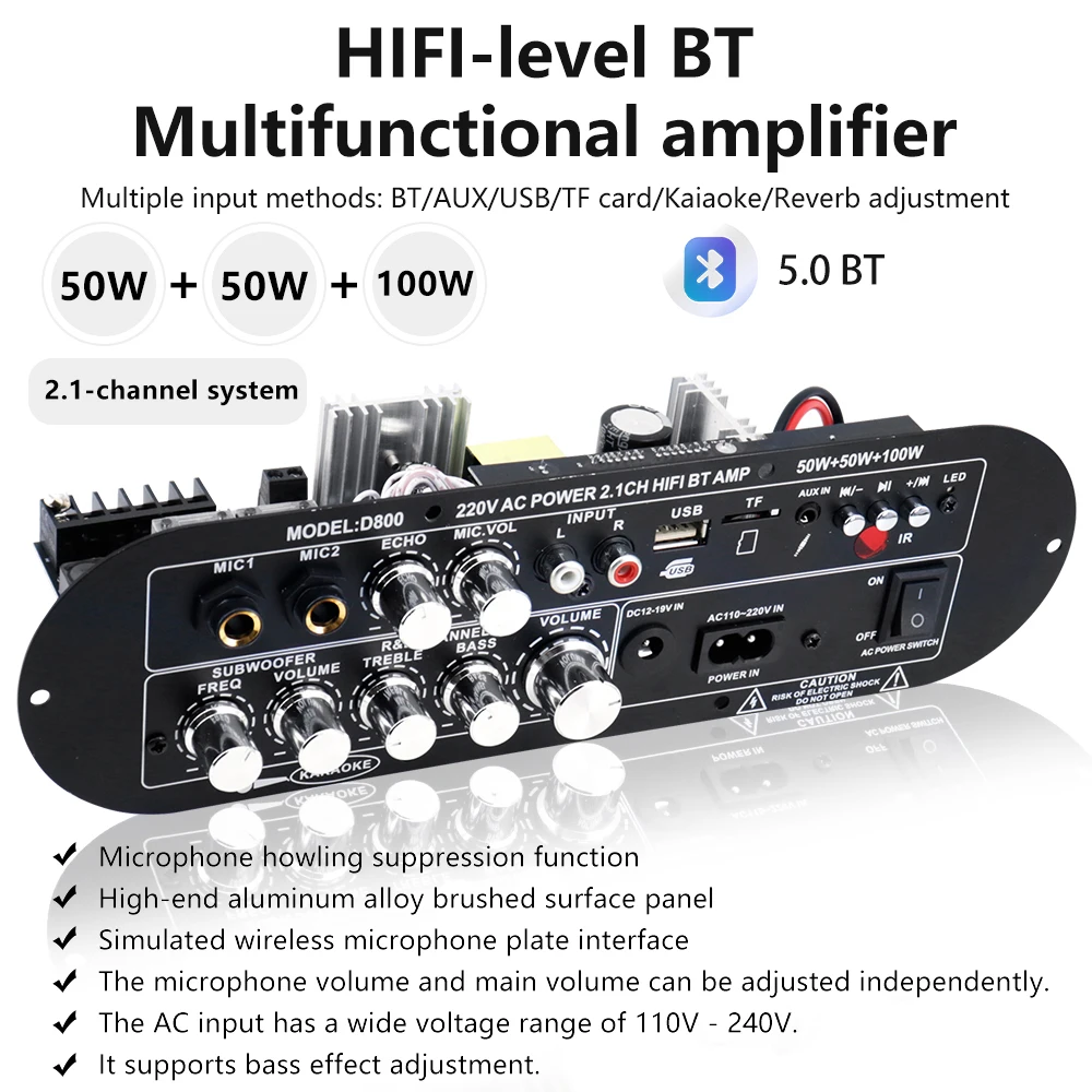 Bluetooth 5.0 Digital Amplifier Board 2.1 Channel 50W*2 100W Large Power Output for Home Sound Systems Adjustable Bass Treble