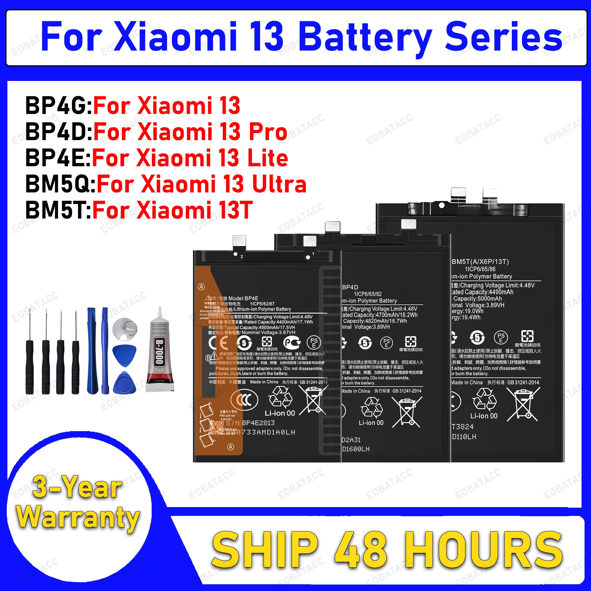 BP4G BP4D BP4E BM5Q BP4G 2025 Years 100% New Battery For Xiaomi 13/13 PRO /13 Lite/13 Ultra /Xiaomi 13T Phone Bateria+ Free Tool