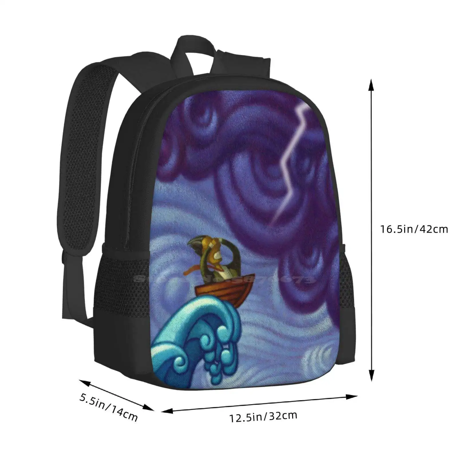 Wild Ride Large Capacity School Backpack Laptop Bags Boat Humor Wave Lightening Acrylic Rob Colvin Ocean Sea Tsunami Fear