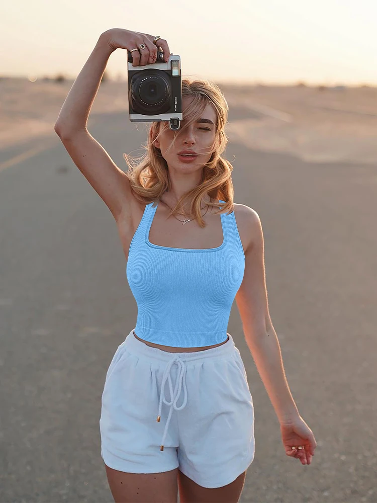 Women Solid Square Neck Ribbed Tank Top Camisole Women Summer Basic Elastic Sleeveless Crop Tops