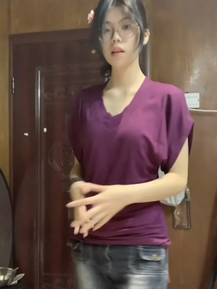 قميص نسائي صيفي بأكمام خفاشية وياقة على شكل V، تصميم يبرز الخصر، قميص قصير الأكمام فريد وجميل من مزيج القطن