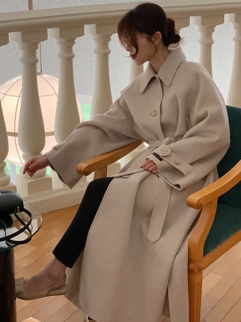 

Ele Long Coat Women's Outerwear Winter High-End Vintage Waist-Cinching Lapel Belted Woolen Top Commute Pure Color
