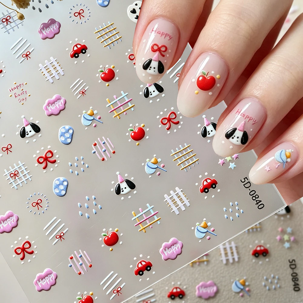 1pcs Birthday Puppy Polka Dots Nail Art Stickers Macarons Bow Raindrop Star Nail Decals Cartoon Apple Lattice Nail Decorations