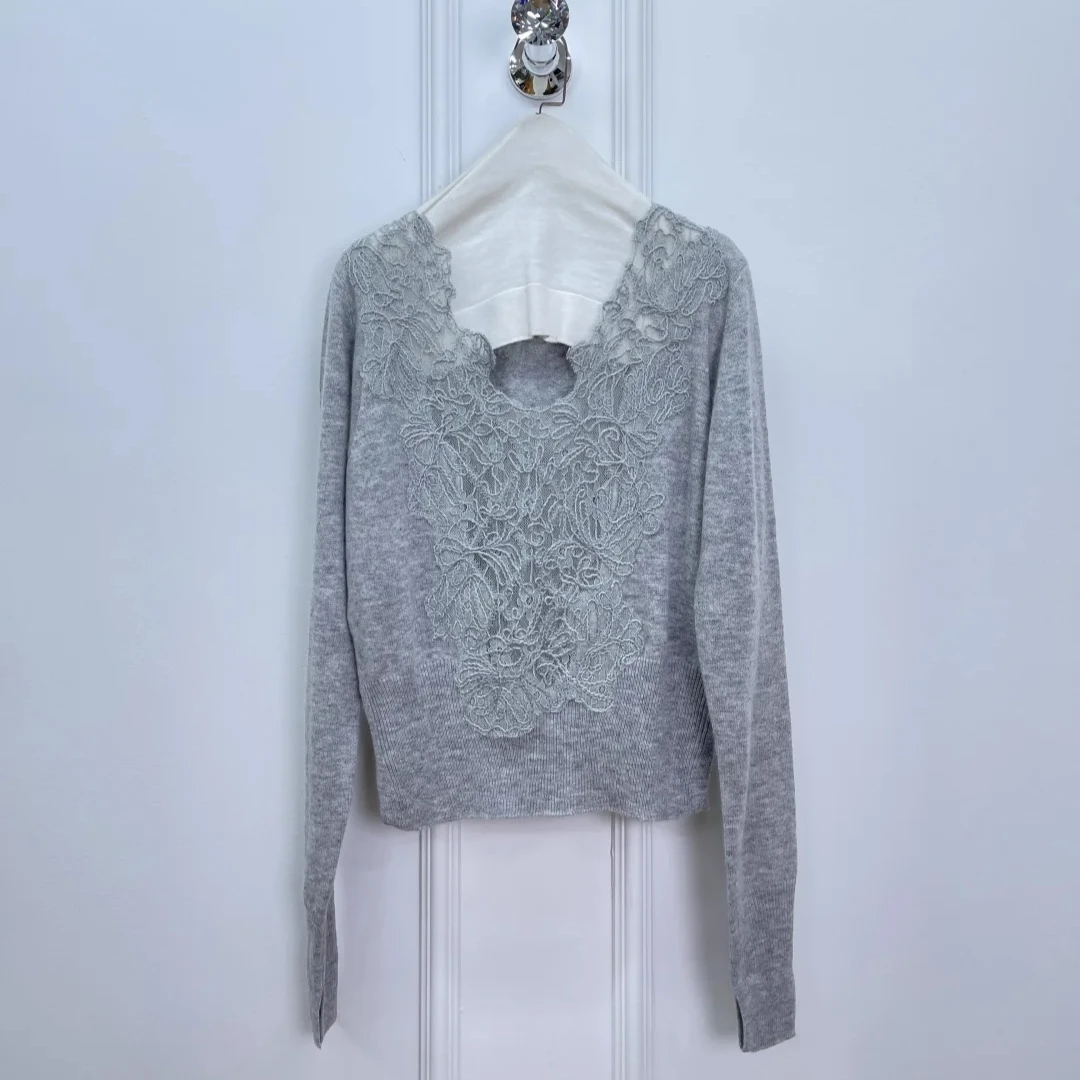 

3-Color Women Lace Embroidery Sweater Hollow Out V-Neck Long Sleeve Elegant Slim Knitted Pullover sweater
