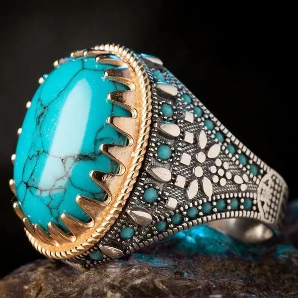 

Vintage men's galvanized two-tone set imitation turquoise ring