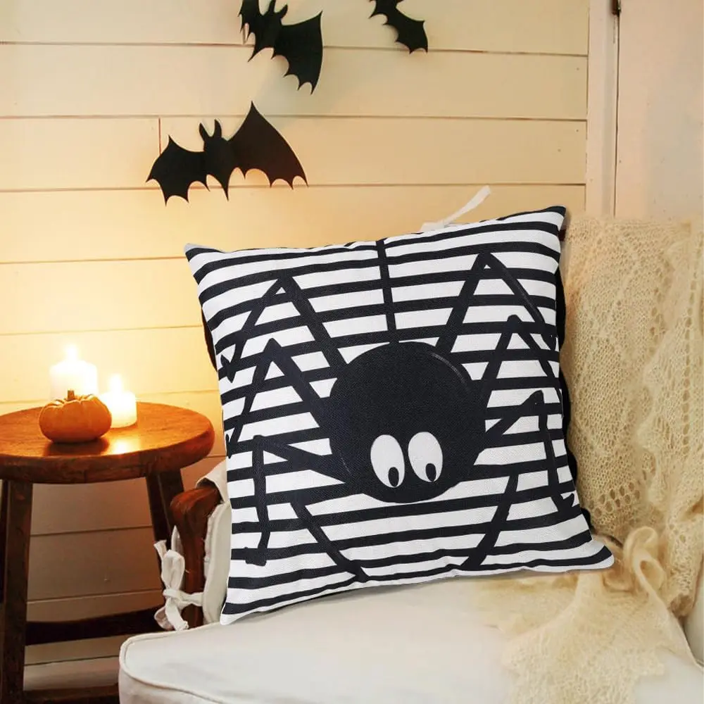 Halloween Pillows Covers 18x18in Set of 4 Black Spiders White Ghost Purple Witch Hat Candy Corn Orange Stripe Polka Dot