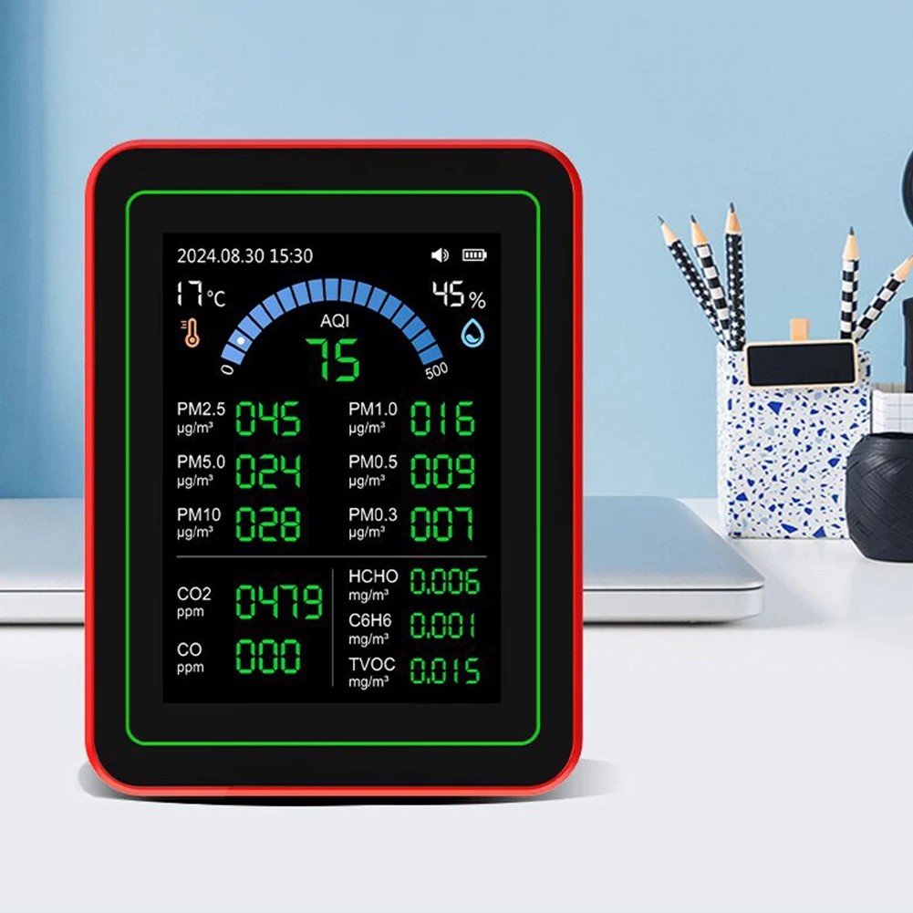 Detektor Kualitas Udara Profesional 18 in 1, Mendeteksi 6AQI HCHO PM2.5 PM10 CO2, Penguji Kualitas Udara Portabel untuk Rumah, Hotel, Kantor, Mobil