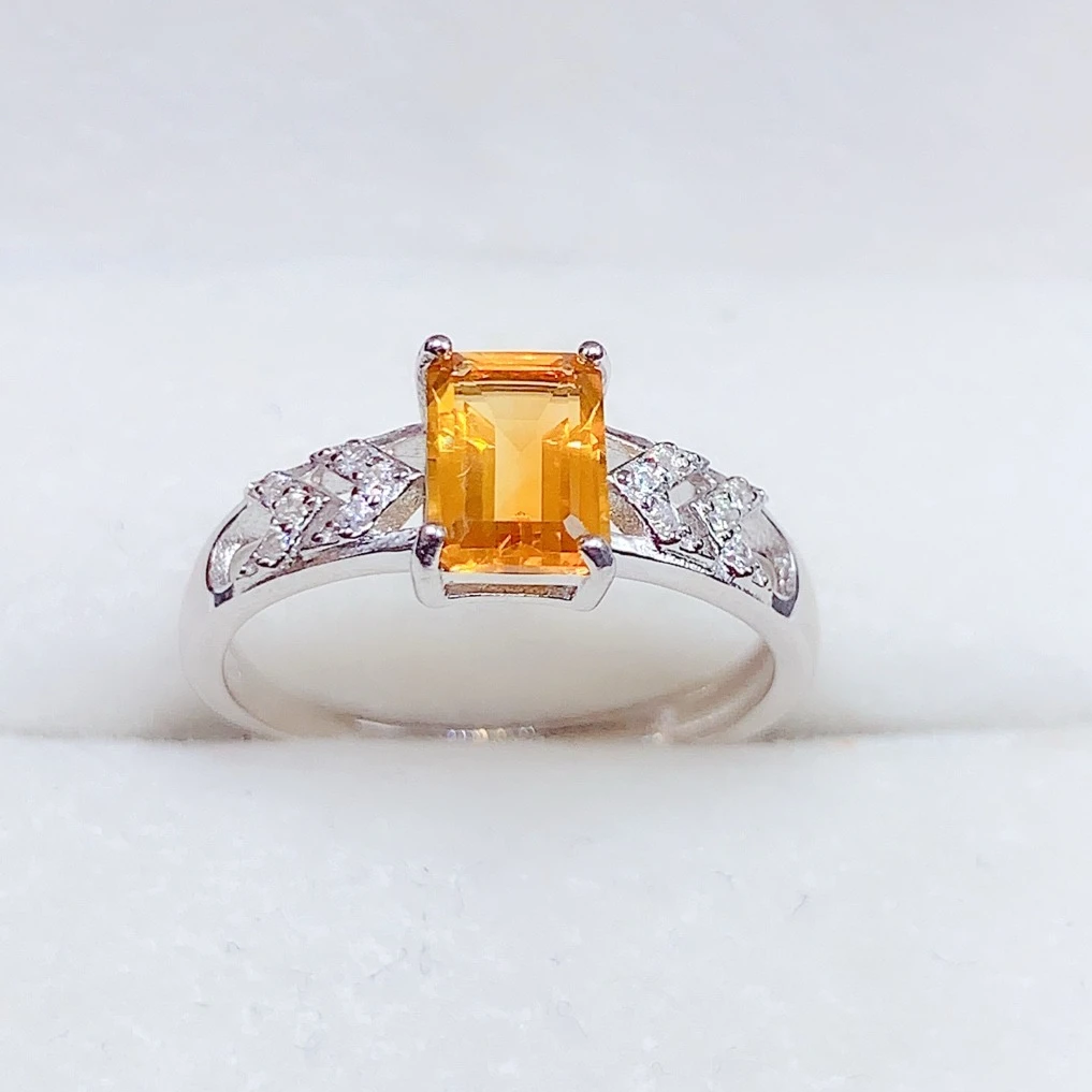 Certified Natural Citrine Ring 5x7mm Emerald Cut Genuine Citrine 925 Silver Ring 18K Gold Plated Silver Crystal Jewelry