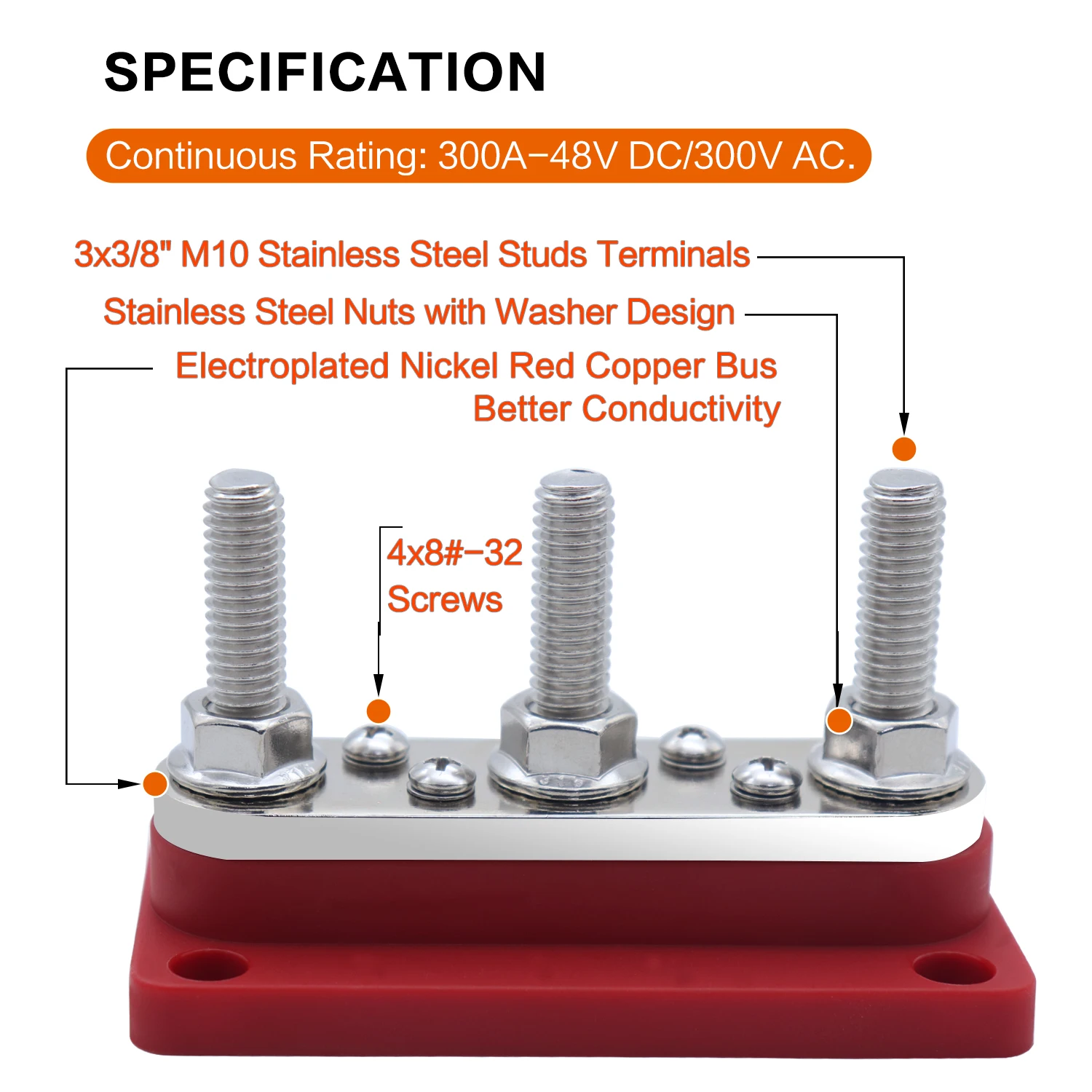 300A PowerBars 3xTerminal Studs 4x8#-32 Screws Nickel Plated Copper Electrical Common Bus Bars12-48v DC with Cover