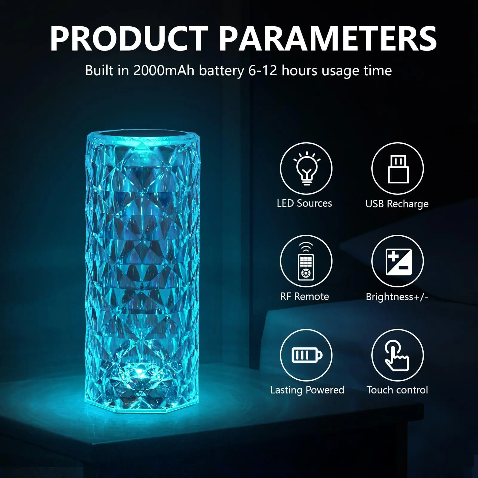 Crystal Table Lamp RGB Color Changing Night Light Romantic LED Rose Diamond Touch Lamp for Home Living Room Decor Remote Control