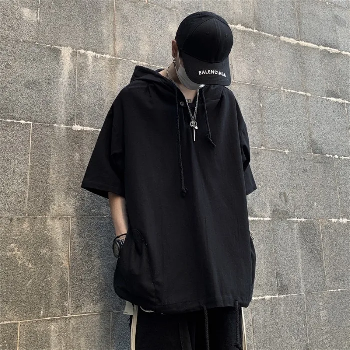 Oversized T-shirt Hip Hop.loose Hooded Short Sleeve Tee Versatile Men\'s Clothing Harajuku Solid Color T-shirt Men