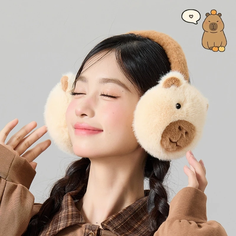 Plush Capybara Ear Muffs for Cold Weather Lovely Ear Protective Ear Warmer Foldable Ear Muffs for Winter Skiing Hiking