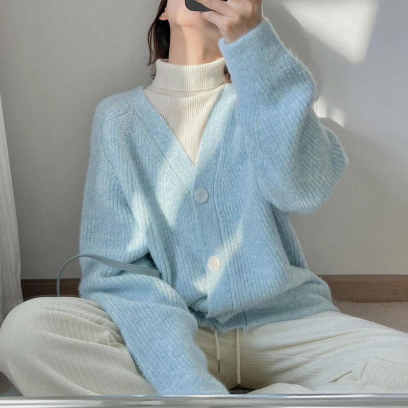 

Fashion Women's Sweater Solid Color V-neck Cardigan Jackets 2024 Autumn Winter New Loose Versatile Knitted Thicked Warm Coat
