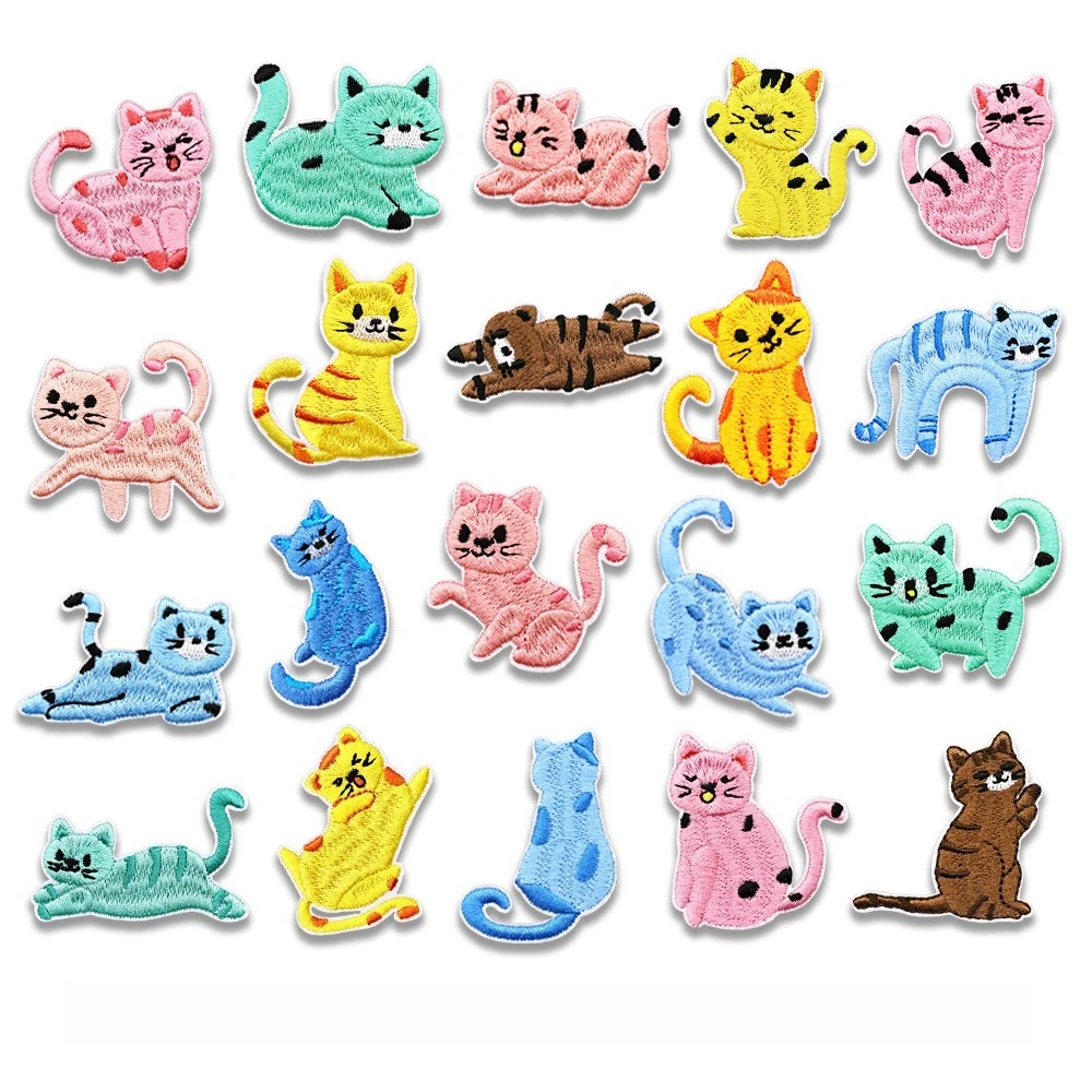 Cute Cartoon Kitten Embroidery Cloth Stickers with Self Adhesive Colored Playful Cats Stick-on Patches for Bags Caps Shoes Socks