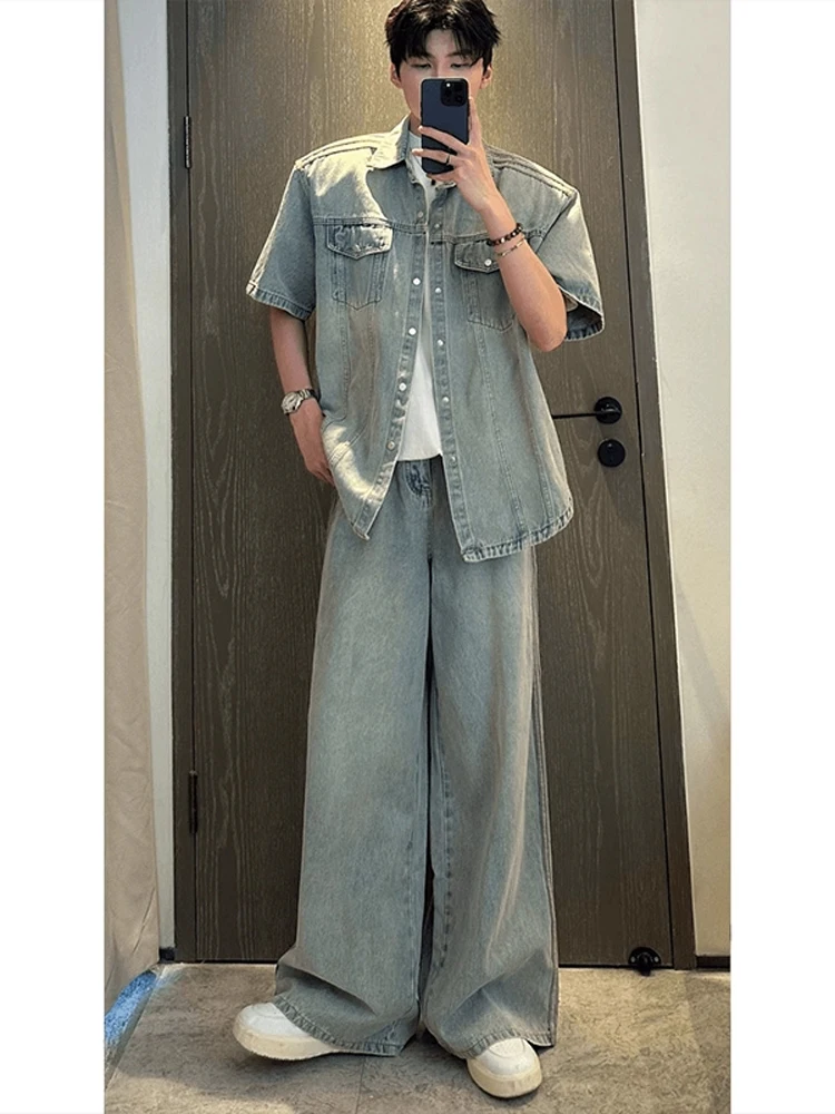 

Retro Waed ort Sve Denim irt Set Men's American High Street Tee Stripe Top Jeans One Clete Outfit Youth Faion