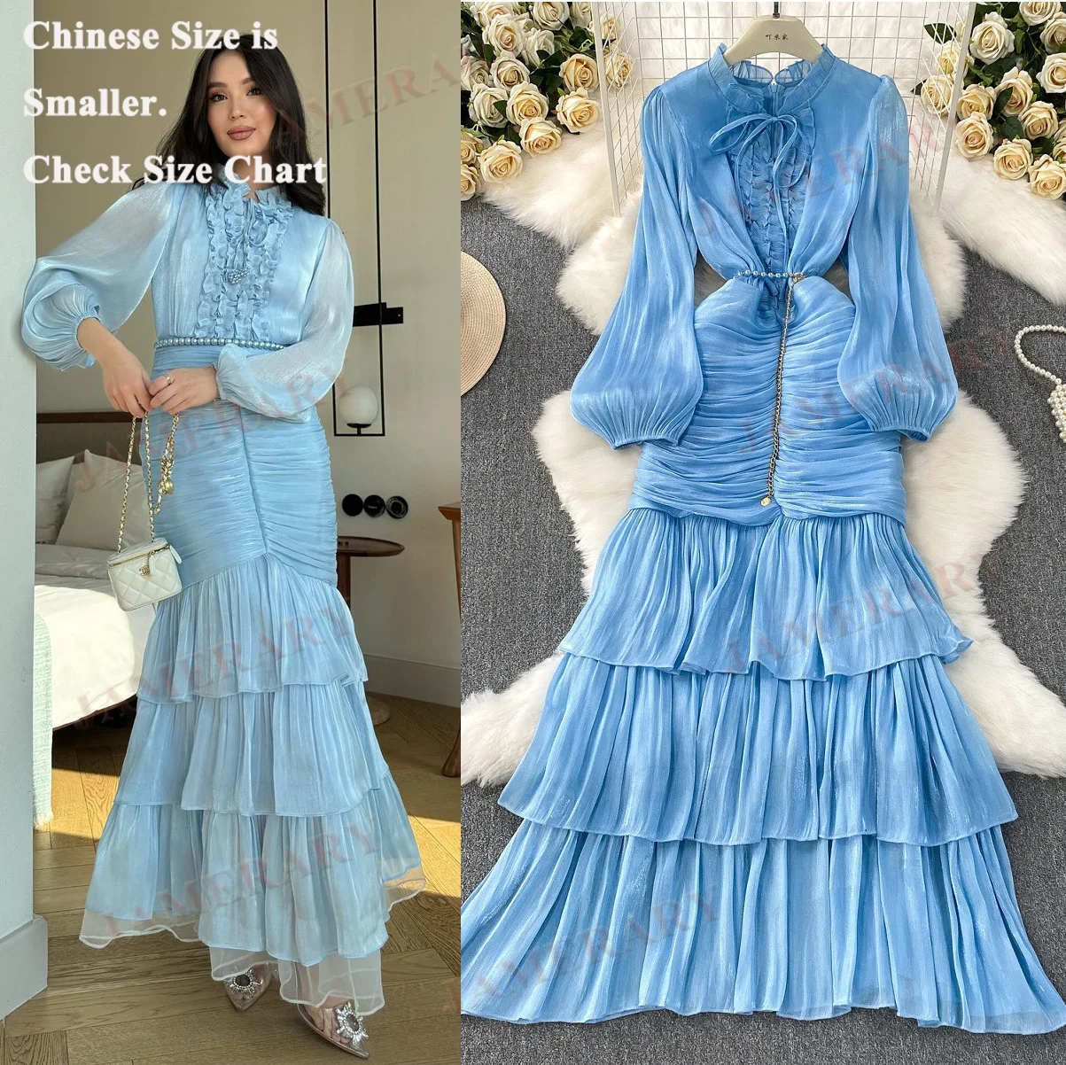

Elegant Summer Formal Evening Fishtail Dresses Women Ruffles Long Cake Dress Chiffon Vestidos De Fiesta