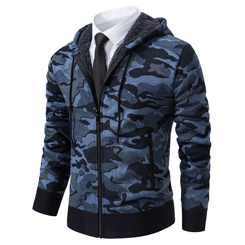 New Autumn and Winter Men's Warm Cotton-padded Clothes Cardigan Jacket Hooded Sweater Knitted Sweater Camouflage Jacket