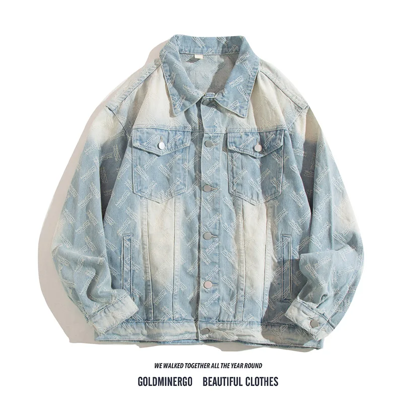 

Retro American Color Blo Embroidered Denim Jaet Men's Waed Couple Sle Outerwear Loose Fit Long Sve Youth Trend