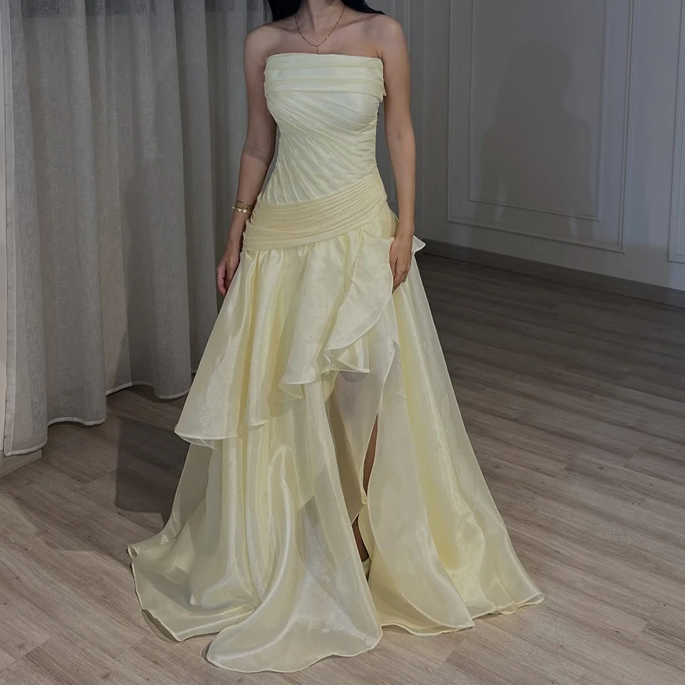 

Customized A-line Evening Dresses Floor-length Strapless Sleeveless Prom Gown Fashion Pleat Simple Draped Backless Party Gown