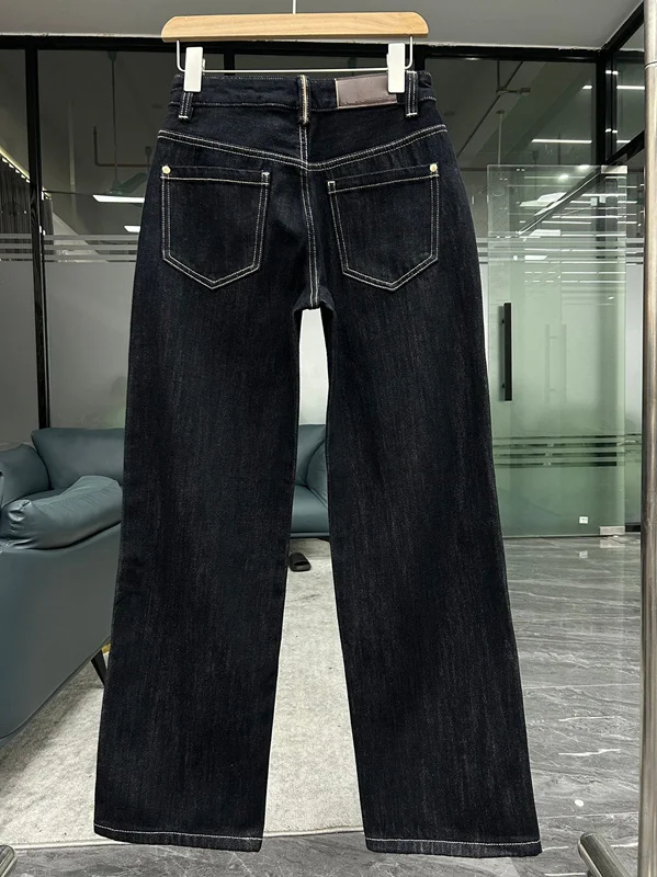 Jenny&Dave Vintage Navy Mom Jeans Women's Mid-Waist Blue and Black Non-Fading Fleece-Lined Straight Denim Pants Woman Clothes - view 2