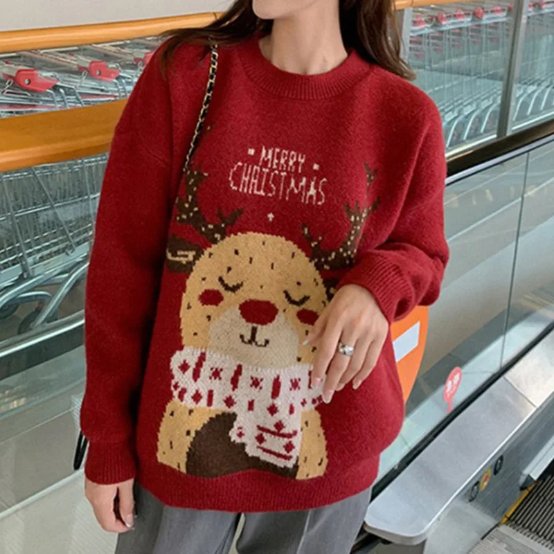 DAYIFUN-Women's Red Christmas Deer Sweater,Long Sleeve,Round Neck,Female's Pullover Knit Sweaters,Loose Casual Lady's Winter Top