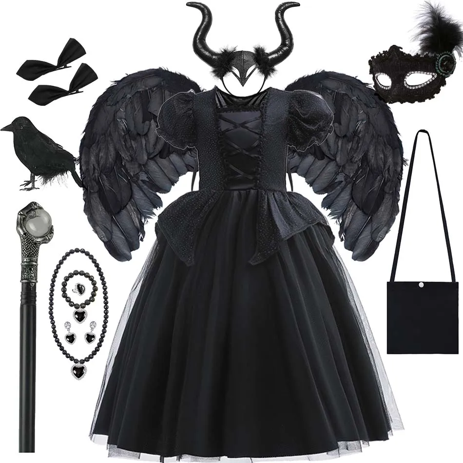 Girl Black Witch Cosplay Dress With Wings Kids Halloween Carnival Evil Queen Dress Up Costume 2-10 Yrs Sequin Ruffles Outfits