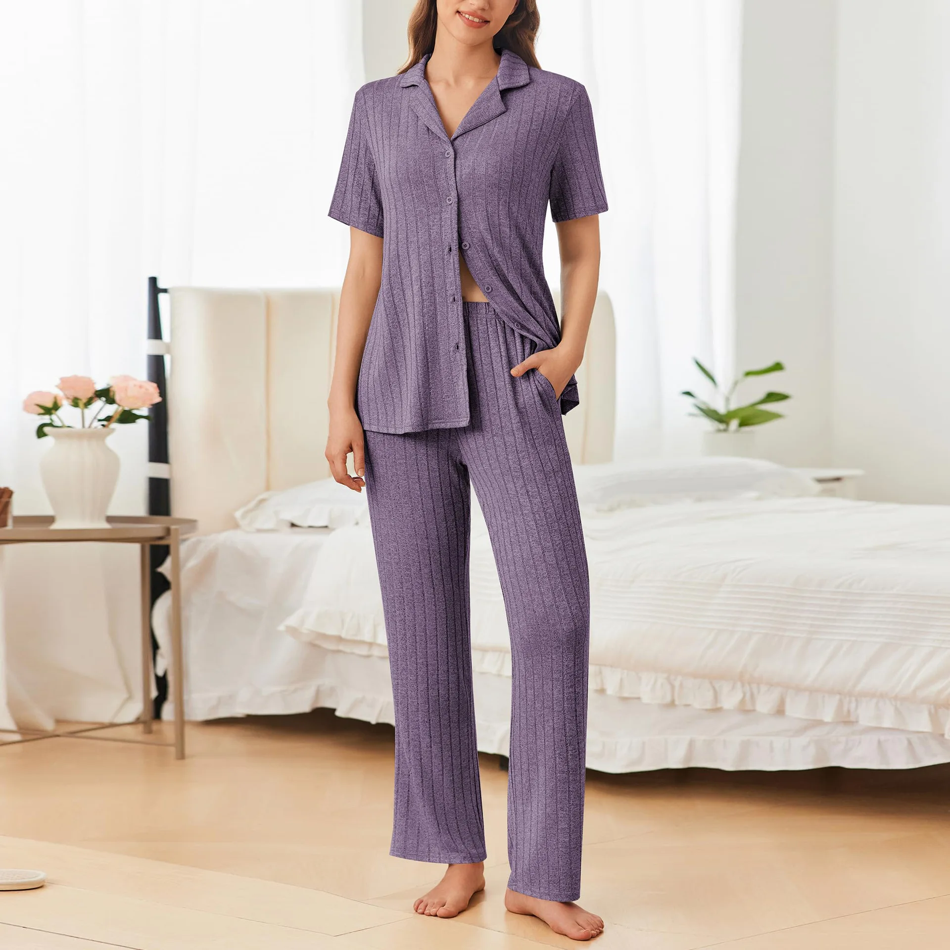

European and American Women's Loungewear Set, Short-sleeved Trousers Cardigan Lapel Pajamas Set