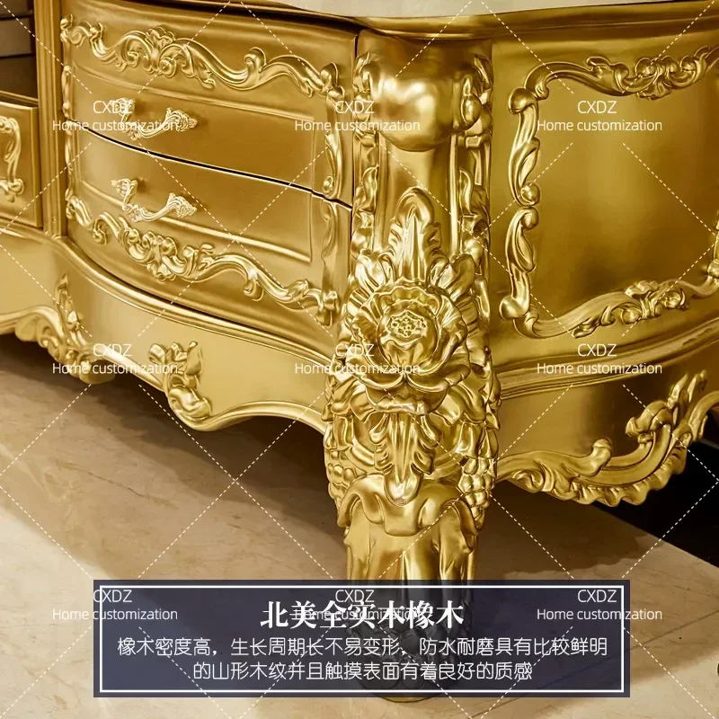 Luxury Solid Wood TV Cabinet with Natural Marble Top Retro French Style Floor Standing Media Console for Villa Living Room