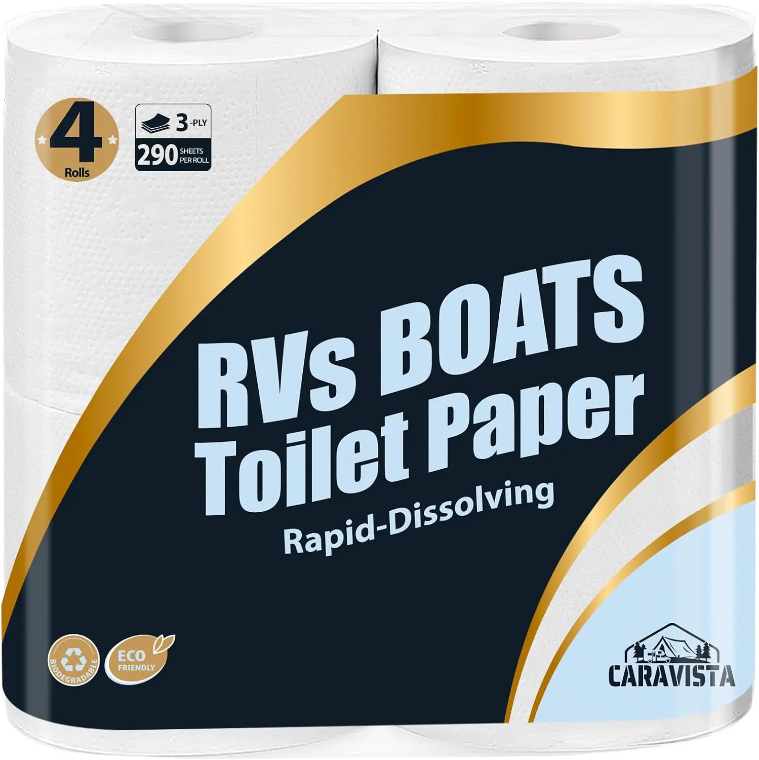 RV Camping Toilet Paper - 4 Rolls Rapid-Dissolve Marine & Trailer Septic Safe Tissue - Biodegradable 3-Ply 290 Sheets Bath Tissue for Marine, Travel, and Camper Systems