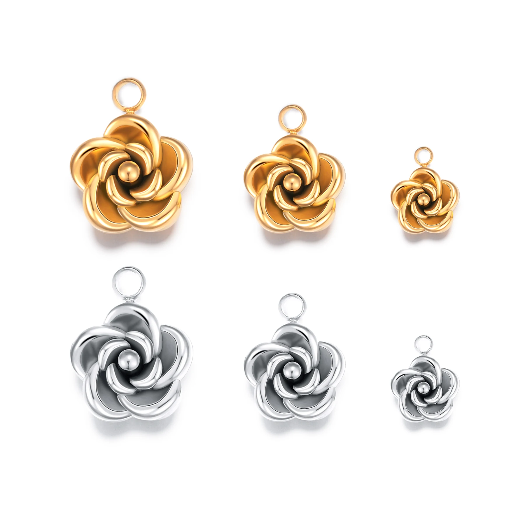 

4pcs/lot 5/8/10mm Stainless Steel PVD Gold Plated Rose Flower Charms for DIY Earring Necklace Bracelet Jewelry Making