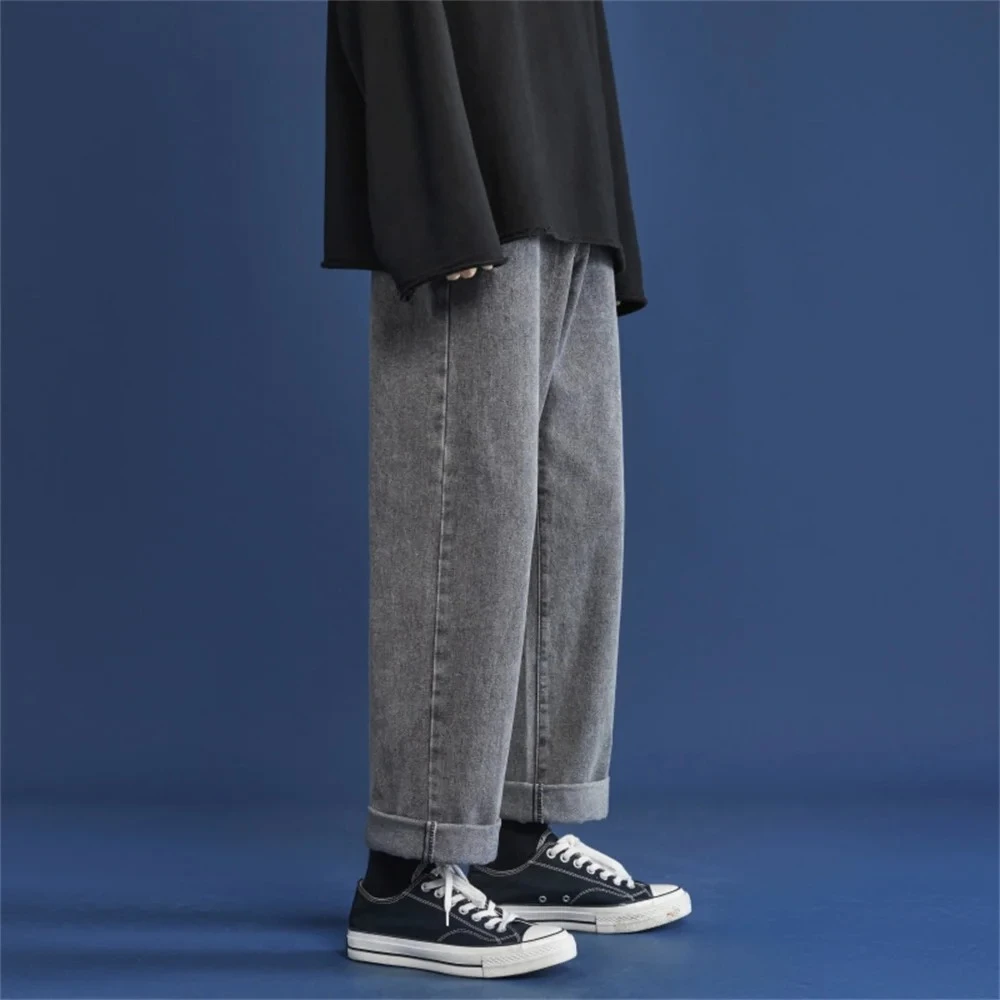 

Осенние свободные прямые мужские джинсы, корейские модные повседневные брюки до щиколотки, брендовые универсальные молодежные универсальные джинсовые брюки