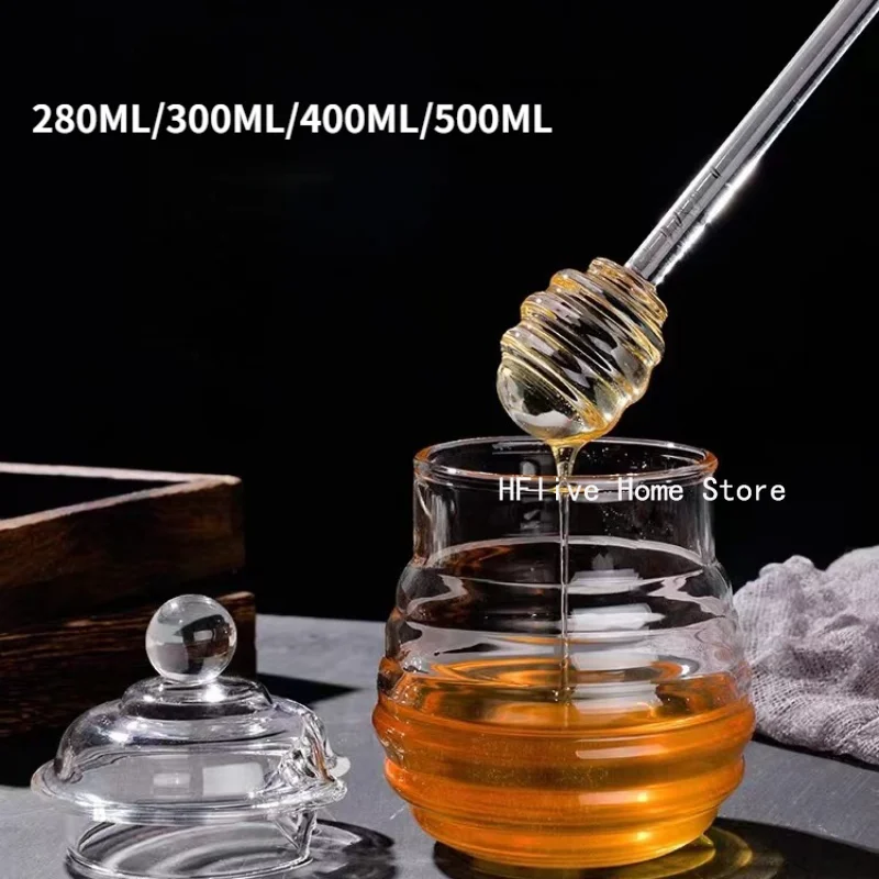 Glass Honey Jar Clear Glass Honey Pot with Dipper Spoon Small Kitchen Storage Bottle Jar Honey Server Container for Syrup