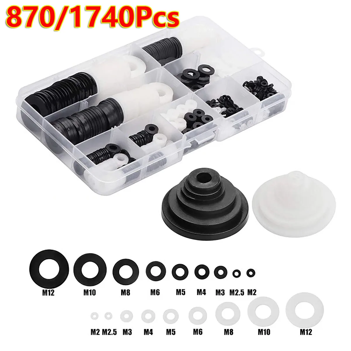 

870/1740Pcs Nylon Flat Ring Washer Hose Gaskets Metric Bolt Srew Black White Kit M2 M2.5 M3 M4 M5 M6 M8 M10 M12 Metric Sealing S