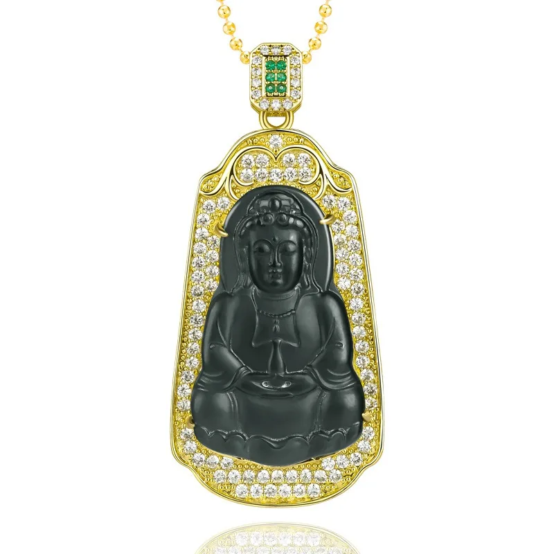 

Genuine Natural Hetian Cyan Jade Guanyin Pendant 925 Silver Necklace Carved Fashion Charm Jewelry Amulet Gifts for Men Luxury