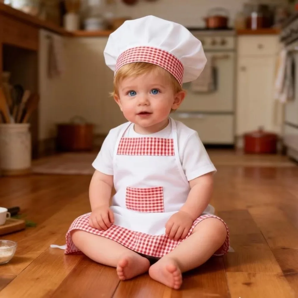 Red Gingham Baby Chef Costumes Newborn Size Heart Shape Newborn Photography Props Costume Sets Studio Accessories
