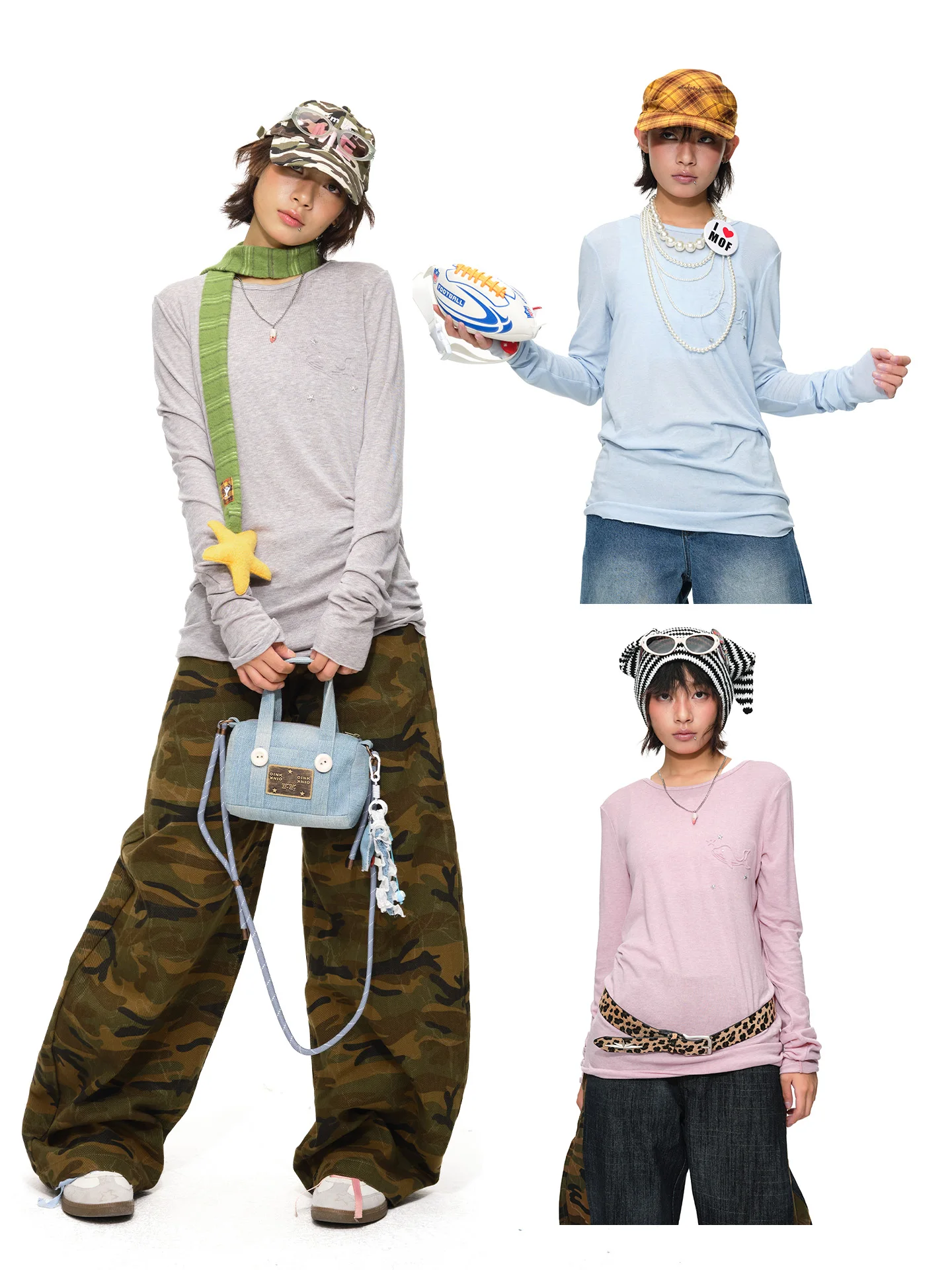 

Oink Oink Dolphin 3-Color Loose Base Shirt Casual round Neck Top Polyester Lyocell Wool Blend Long Sleeve Spring Women's T-Shirt