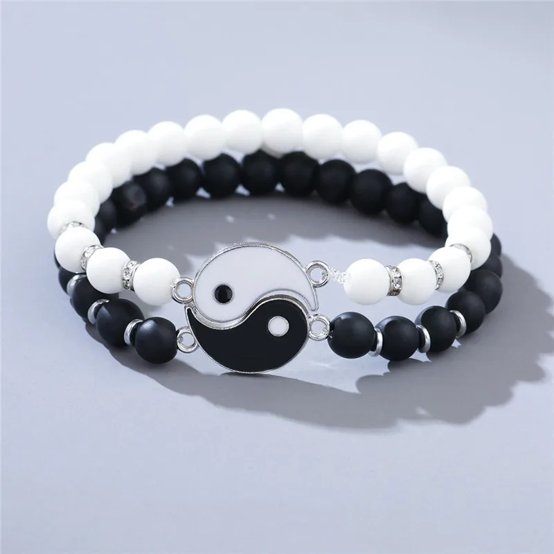 Distance Bracelet Classic Natural Stone White and Black Yin Yang Taichi Bagua Beaded Bracelets For Men Women Best Friend Jewelry