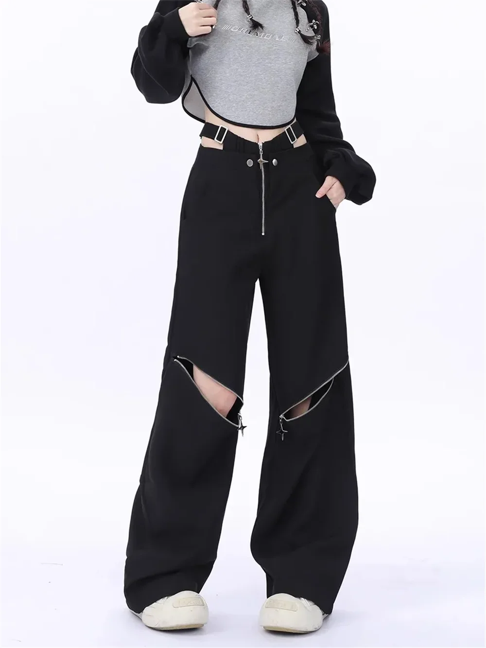 Y2k Summer Black Cargo Pants Women Casual Original Retro Multi Zip Pocket Two Wear Design Drawstring Casual Oversized Trousers