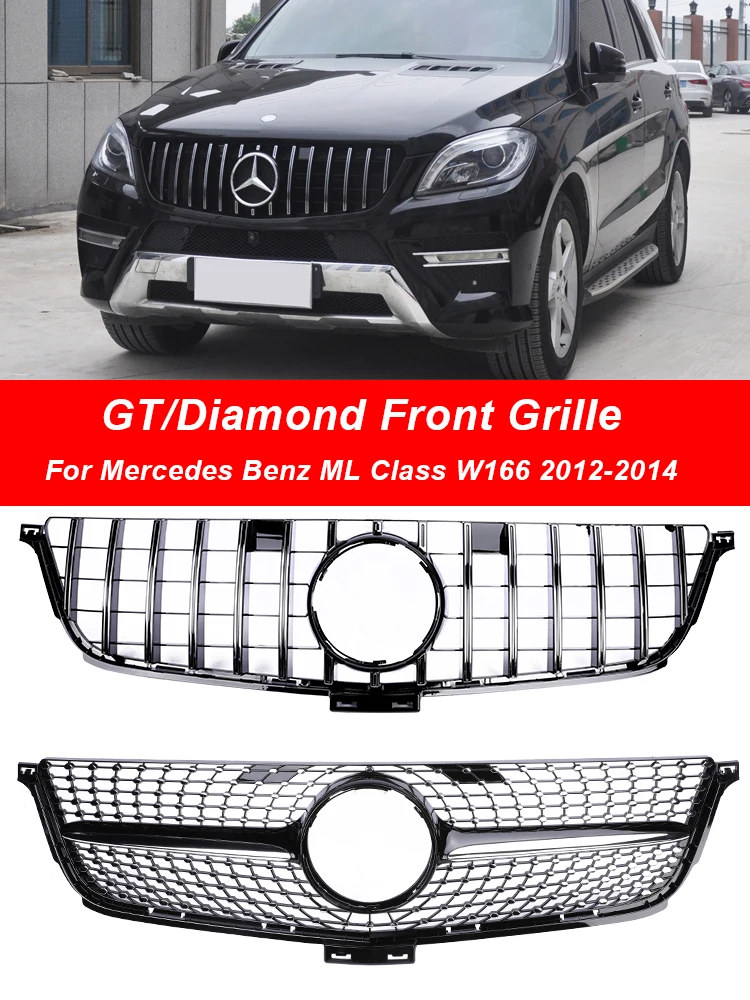 For Mercedes Benz ML W166 Grill Front Bumper Panamericana GT Diamond Grille ML300 320 350 400 500 550 2012-2014 Black Silver