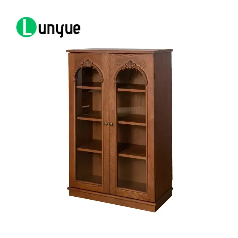 Vintage Wooden Bookcase Double Door Glass Display Cabinet 6 Tier Shelf Home Furniture for Living Room Dining Room Decoration
