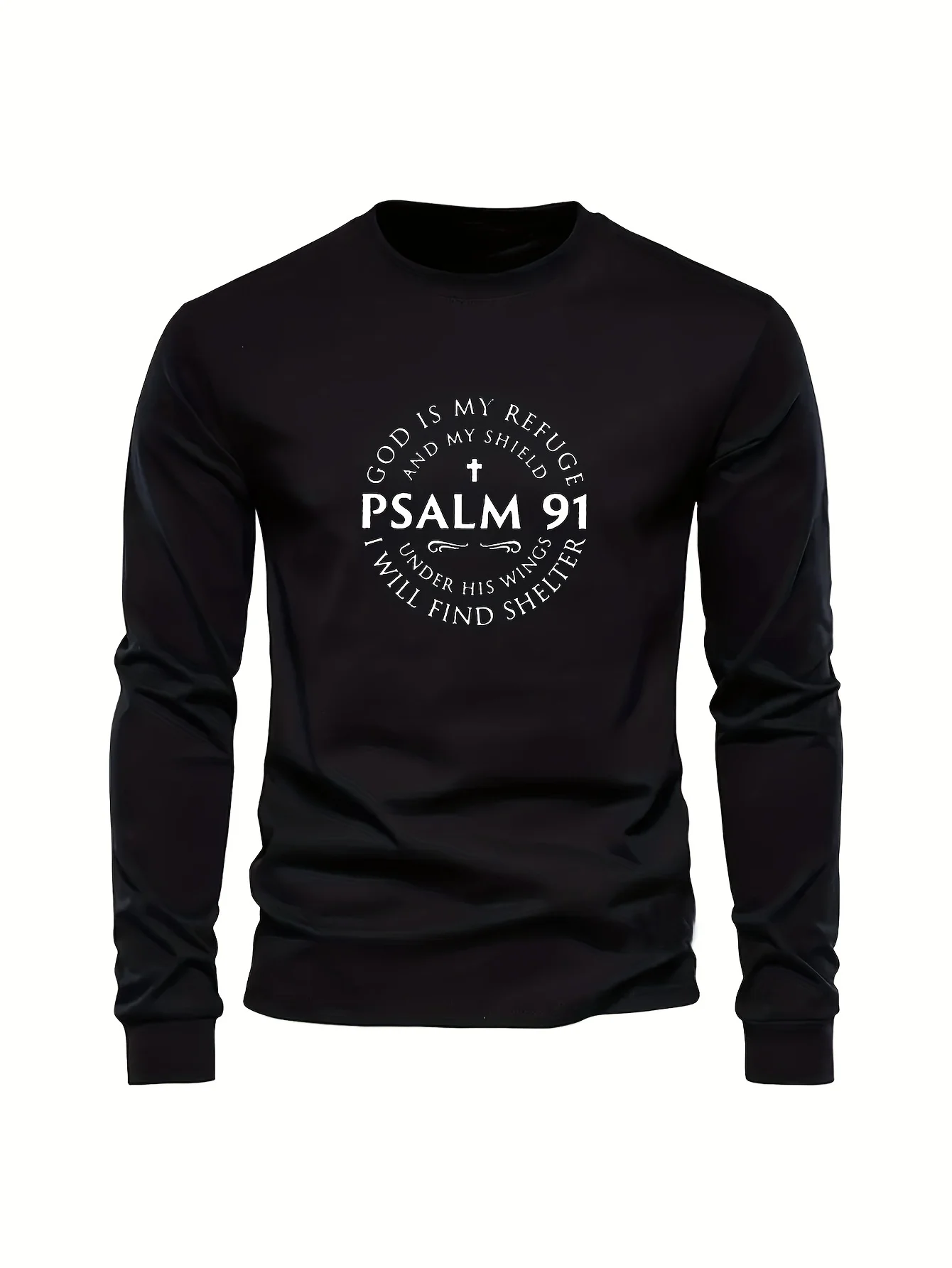 100% Pure Cotton Men's Long Sleeved Round Neck Loose Inspirational PSALMS 91 Printed Autumn and Winter Casual Versatile T-Shirt