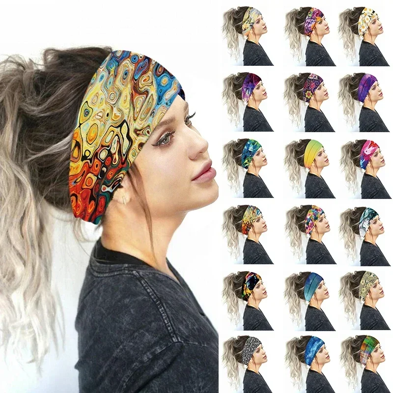 Sun Flower Printed Women Headband Wide Sports Yoga Sweatband Elastic Stretch Hairband Headwear Boho Turban Hair Accessories