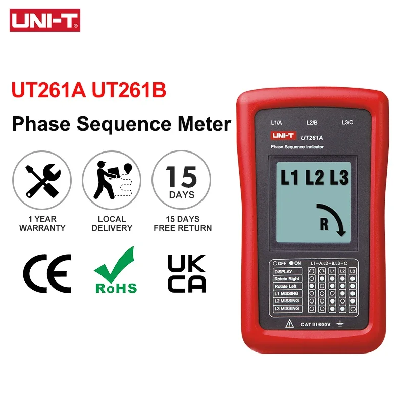 

UT261A 3 Phase Phase Sequence Rotation Tester Handheld Meter Motor Rotation Detector Non-Contact Voltage Tester Missing Phase Ch