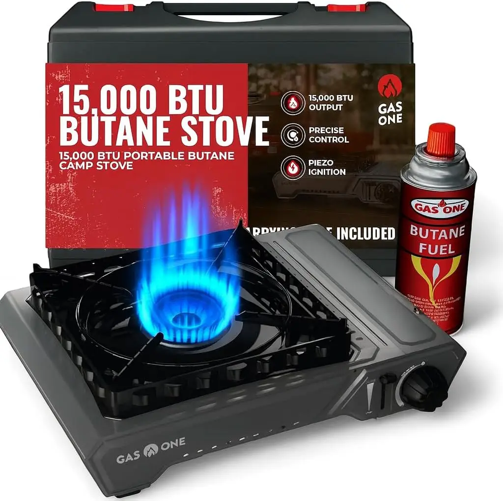 

GasOne 15,000 BTU Portable Butane Stove with Case - Auto Ignition, Precise Heat Control for Camping & Tailgating