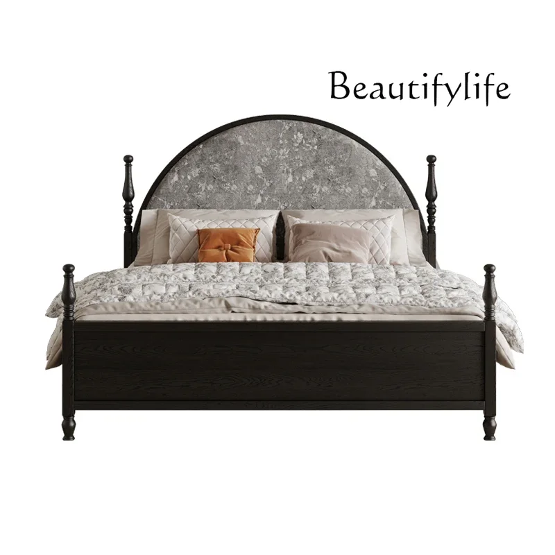 X36 French Retro Solid Wood Bed Modern Simple Round Head American Light Luxury Master Bedroom Double Bed Black Princess Bed