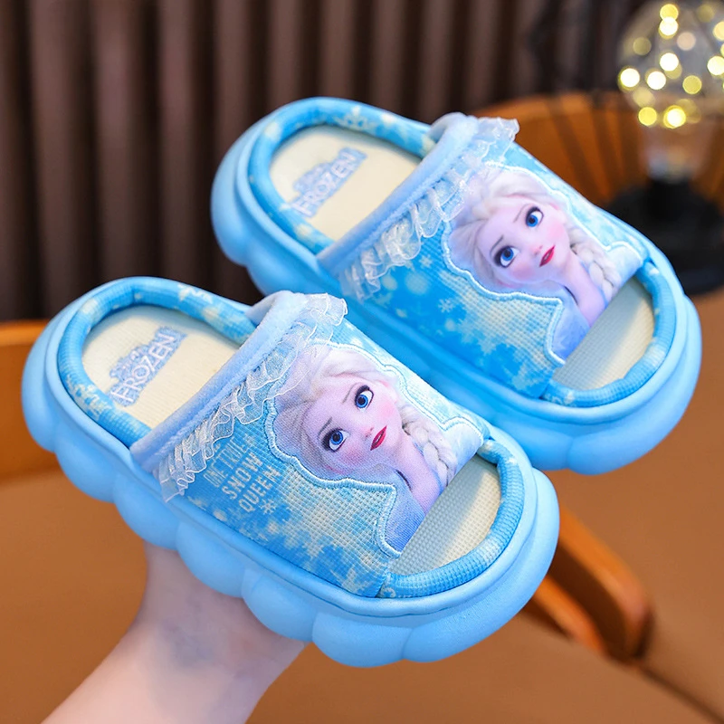 Children\'s Linen Slippers in All Seasons Disney Frozen Girls Princess Slippers Anti-Slip Baby Sandals Comfy Home Shoes for Kids